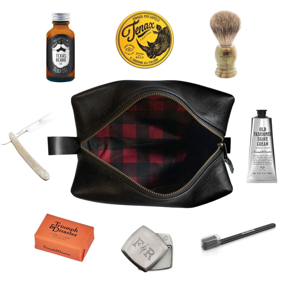 Dopp Kit / Horween Essex Rookery Leather x Buffalo Plaid Wax Canvas / Ships in 6-10 Weeks
