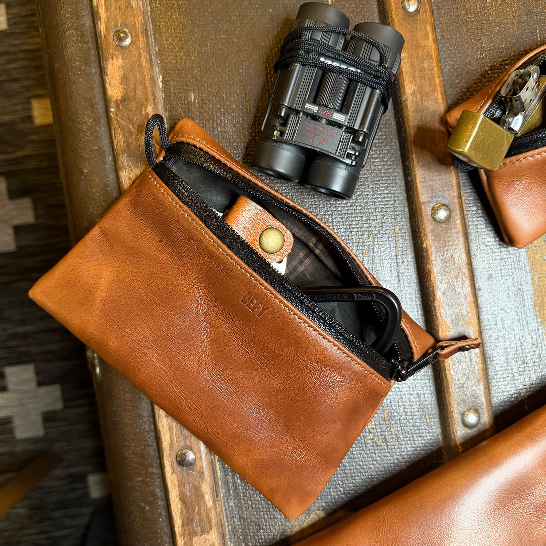Ships in 2-4 Weeks: Project Horween Whiskey Cavalier Leather x TexWax™ Autumn Plaid Wax Canvas 3 Pouch Bundle